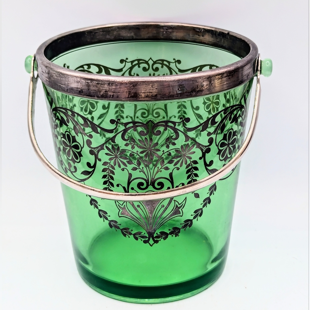 GLOWS!!!  Vintage green uranium glass ice bucket with silver overlay